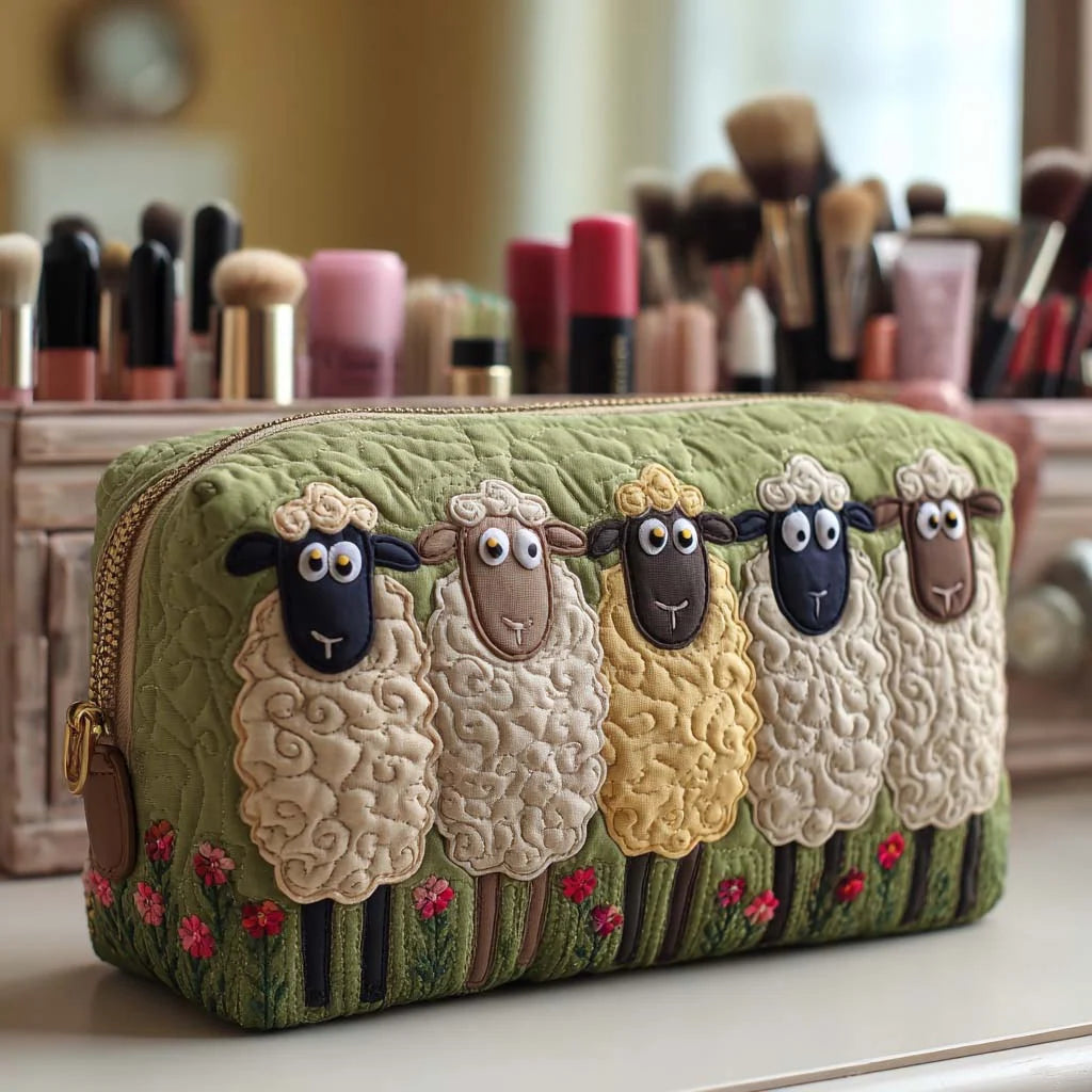 Cosmetic Bag Quilted Padded Sheep Design Zip-Around Closure
