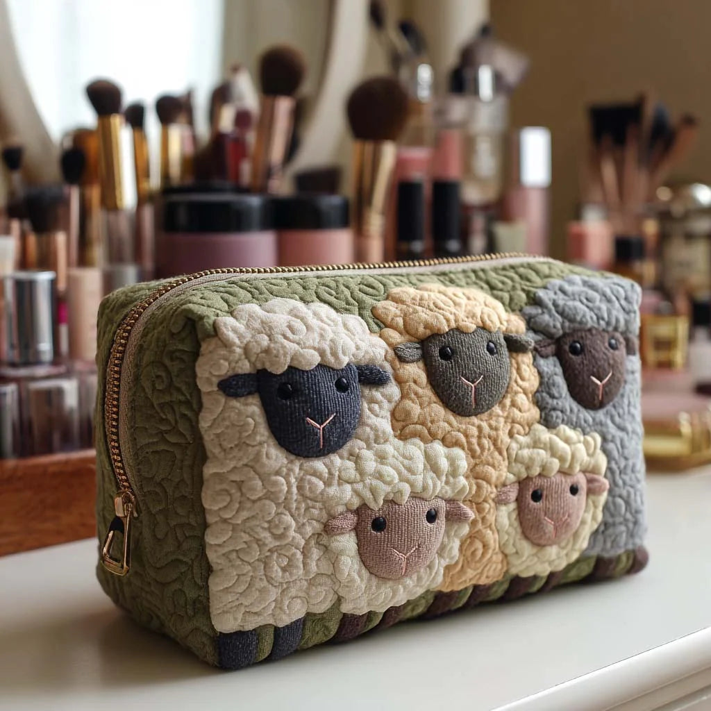Cosmetic Bag Quilted Padded Sheep Design Zip-Around Closure