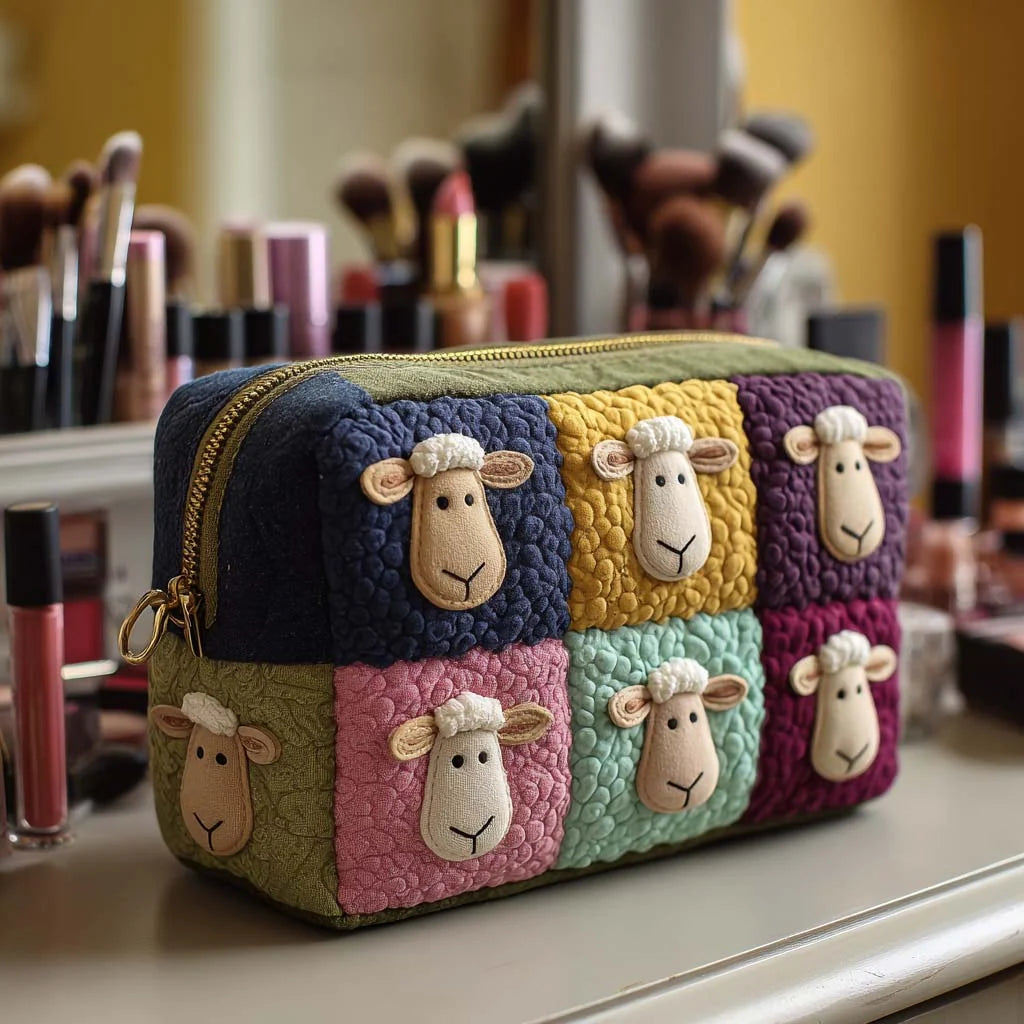 Cosmetic Bag Quilted Padded Sheep Design Zip-Around Closure
