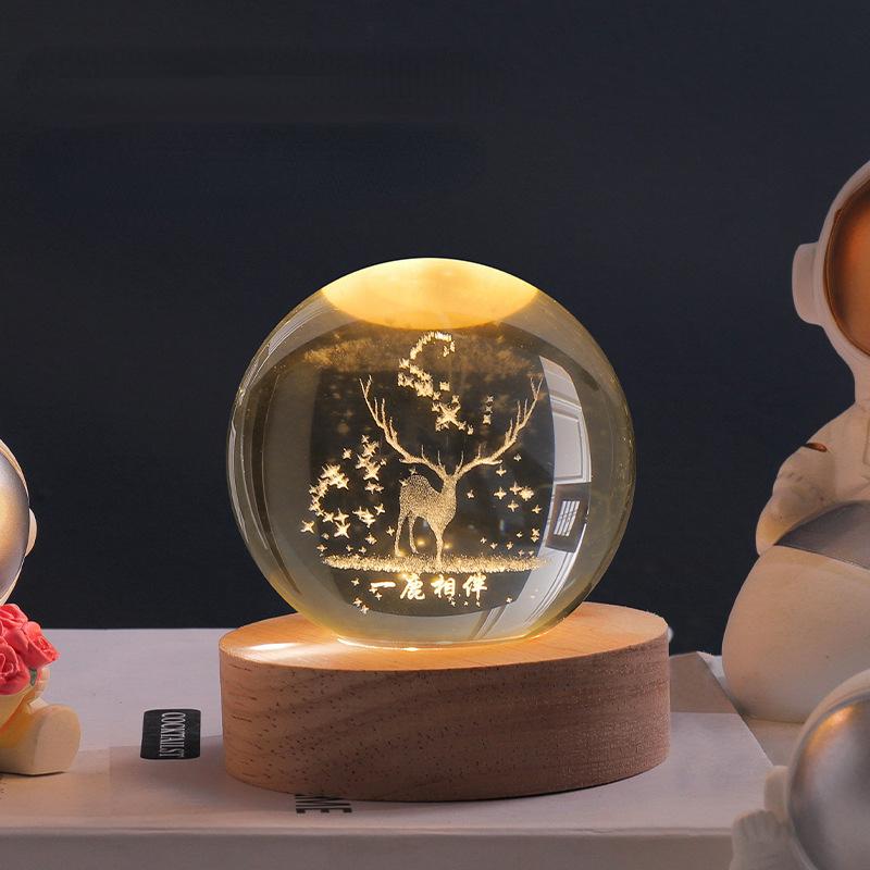 Crystal Ball Lamp 3D Engraved Glass Warm LED USB-Powered