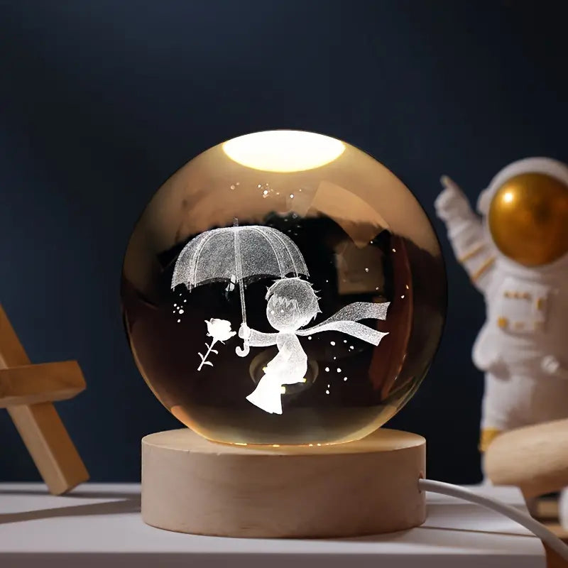 Crystal Ball Lamp 3D Engraved Glass Warm LED USB-Powered