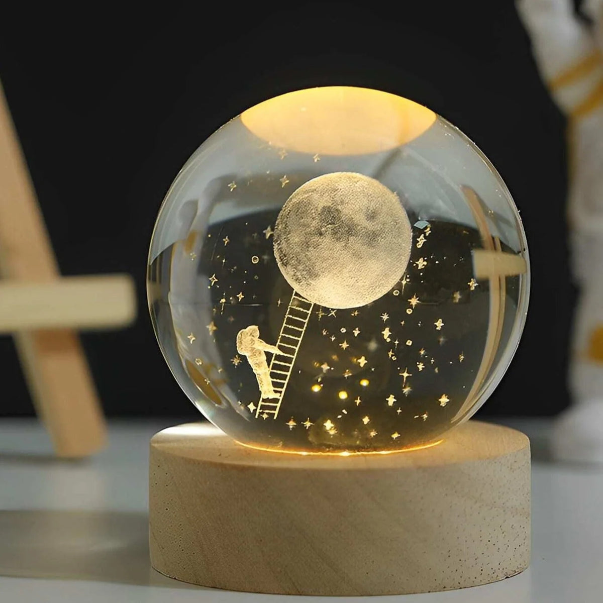 Crystal Ball Lamp 3D Engraved Glass Warm LED USB-Powered