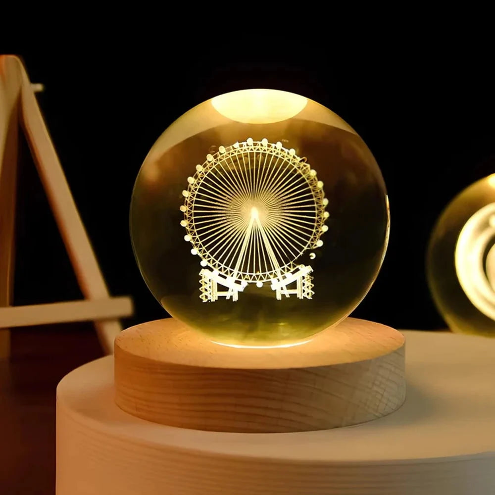 Crystal Ball Lamp 3D Laser-Engraved Warm LED USB Powered