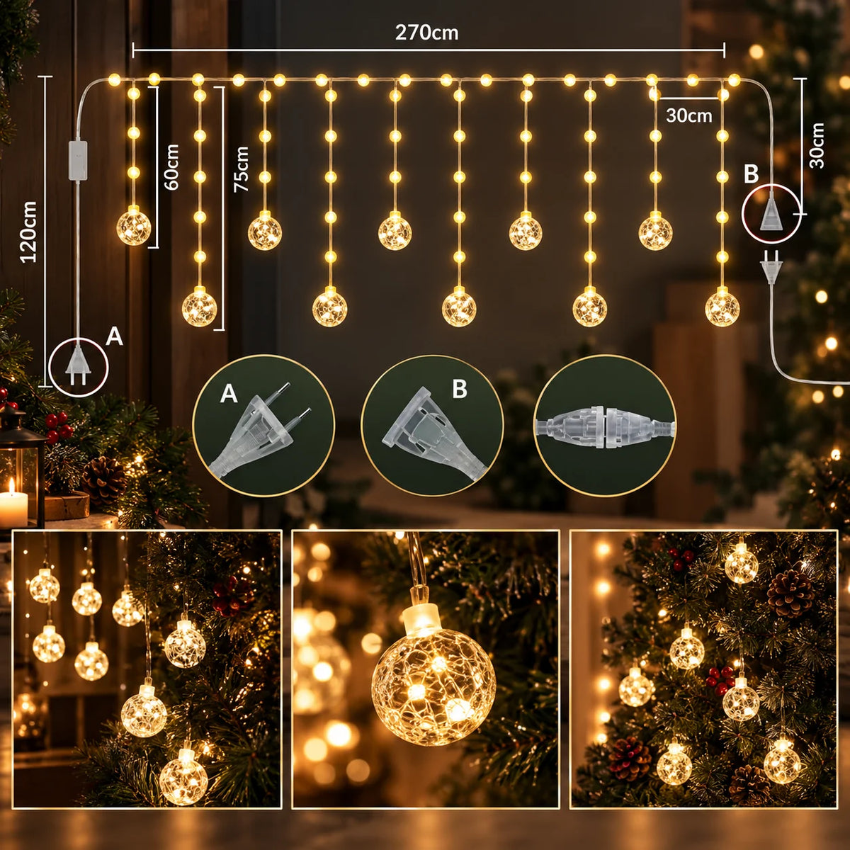 Curtain String Lights 10 LED Ornament Balls Connectable