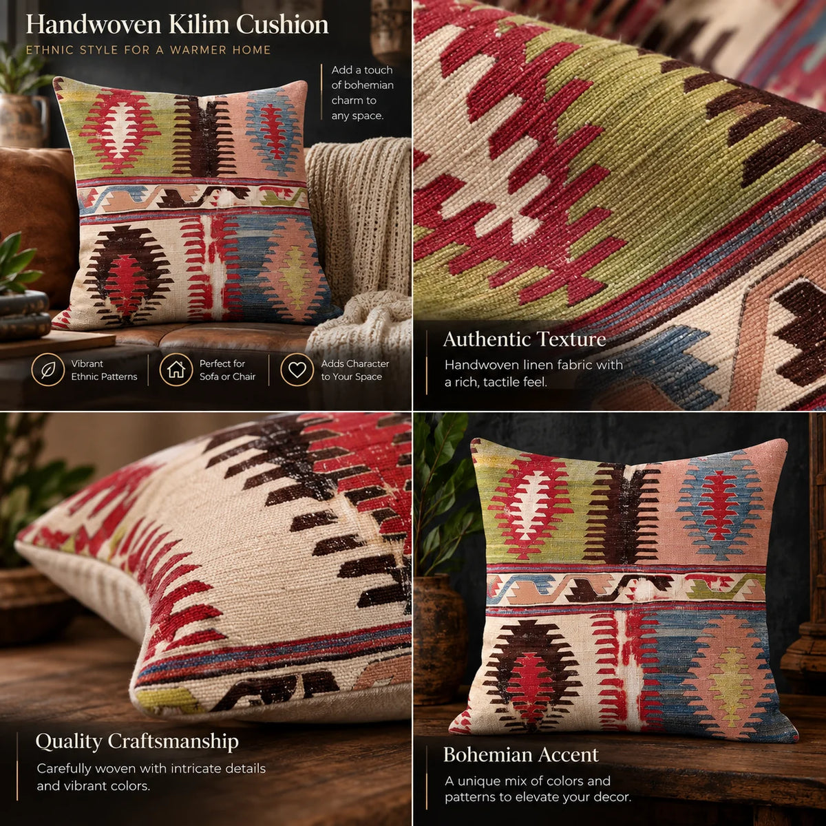 Cushion Cover Kilim Geometric Woven Fits 18 Inch