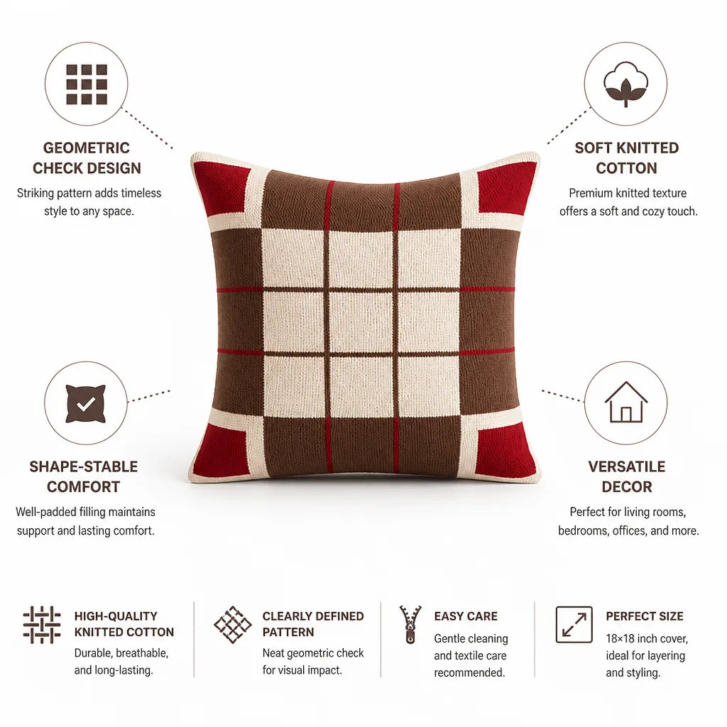 Cushion Cover Knitted Cotton Geometric Check 18x18 Inch
