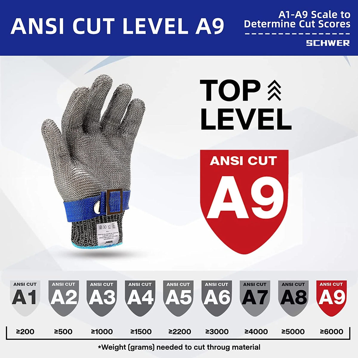 Cut-Resistant Glove 316L Stainless Steel ANSI A9 Dishwasher-Safe