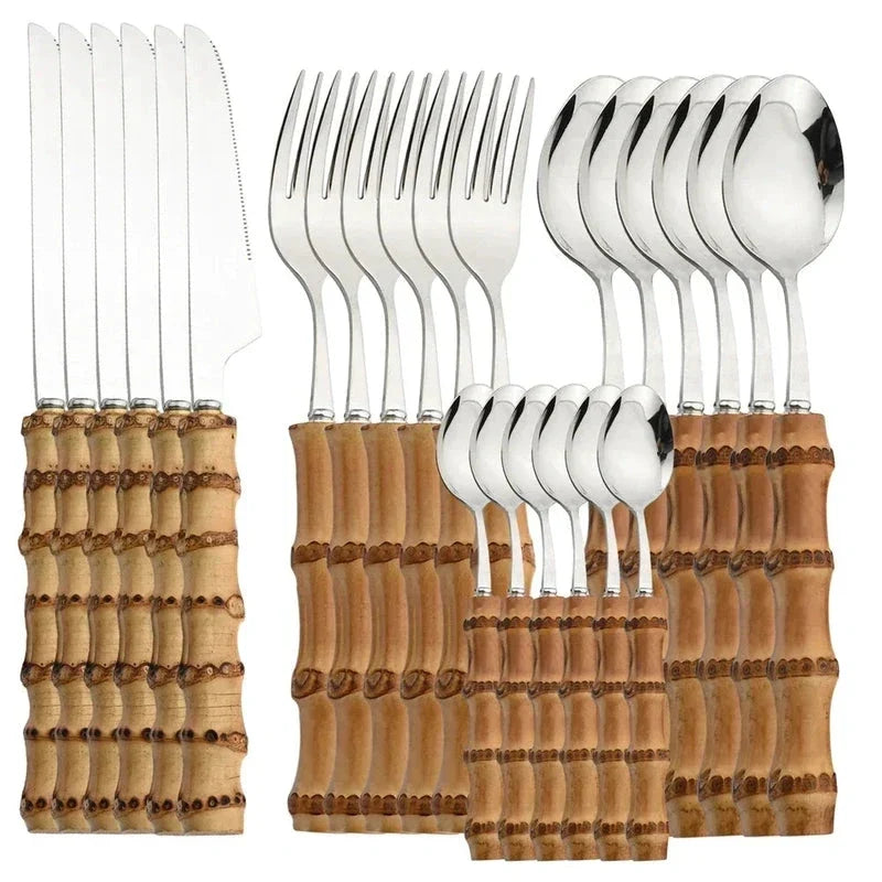 Cutlery Set Stainless Steel Bamboo-Style Handles Dishwasher-Safe Set of 24