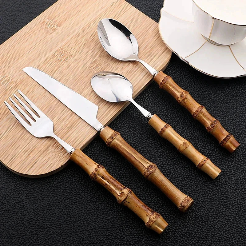 Cutlery Set Stainless Steel Bamboo-Style Handles Dishwasher-Safe Set of 24