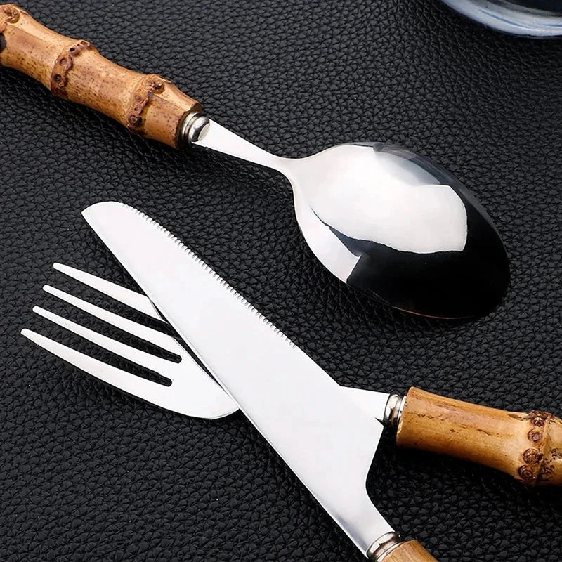 Cutlery Set Stainless Steel Bamboo-Style Handles Dishwasher-Safe Set of 24