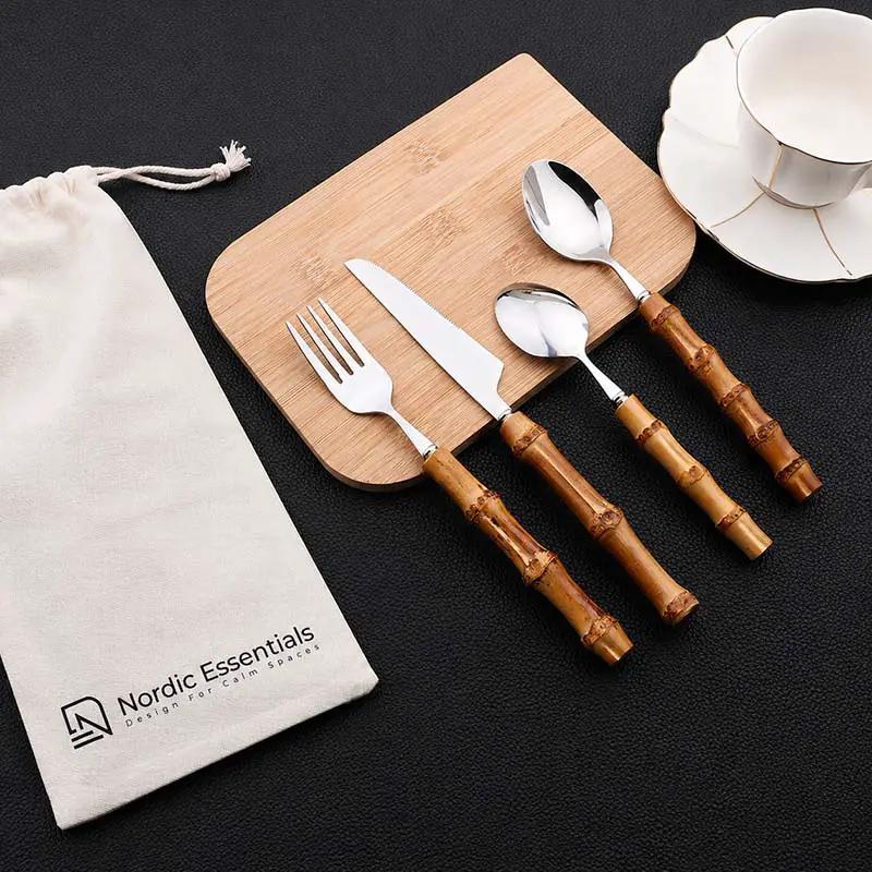 Cutlery Set Stainless Steel Bamboo-Style Handles Dishwasher-Safe Set of 24