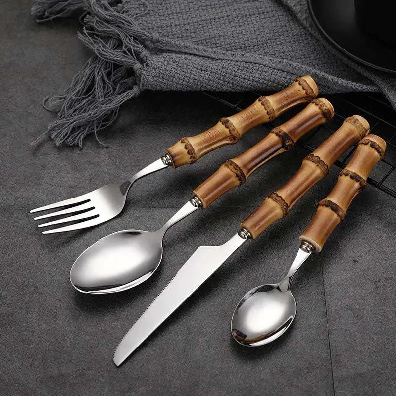 Cutlery Set Stainless Steel Bamboo-Style Handles Dishwasher-Safe Set of 24