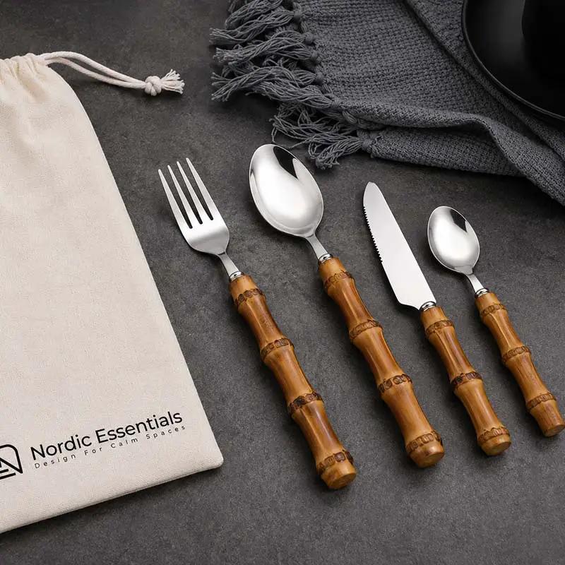 Cutlery Set Stainless Steel Bamboo-Style Handles Dishwasher-Safe Set of 24