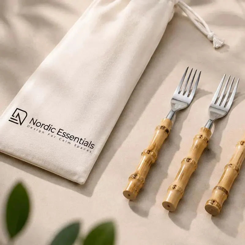 Cutlery Set Stainless Steel Bamboo-Style Handles Dishwasher-Safe Set of 24