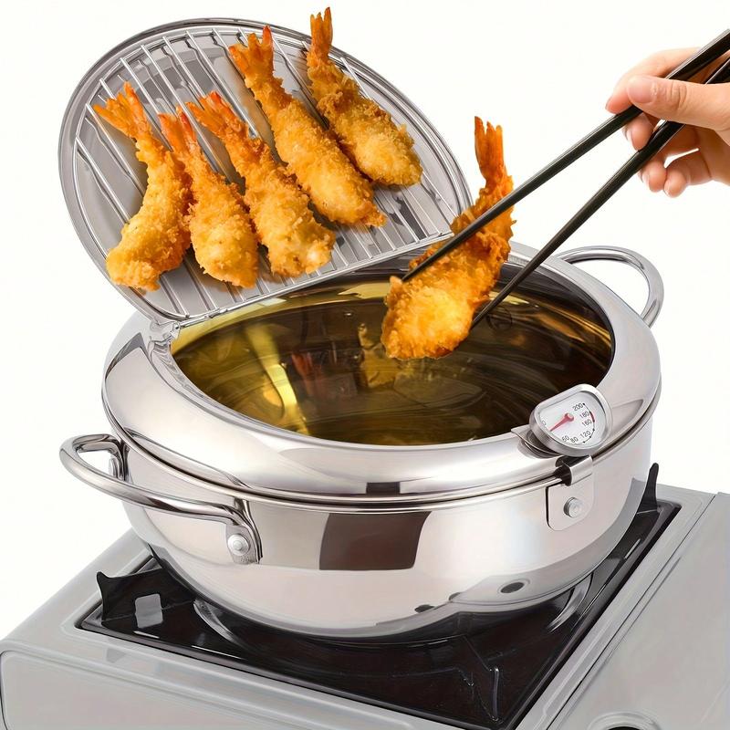Deep Fryer Pot Stainless Steel Built-In Thermometer Fry Basket
