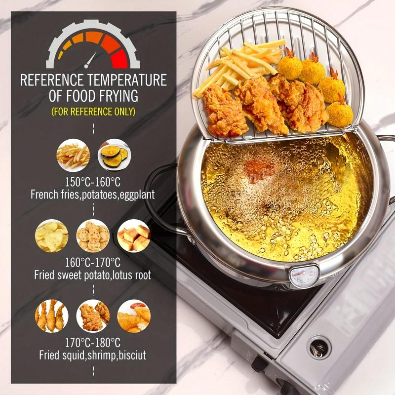 Deep Fryer Pot Stainless Steel Built-In Thermometer Fry Basket