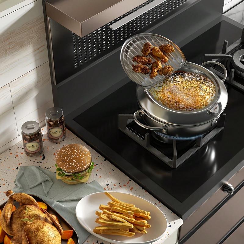 Deep Fryer Pot Stainless Steel Built-In Thermometer Fry Basket