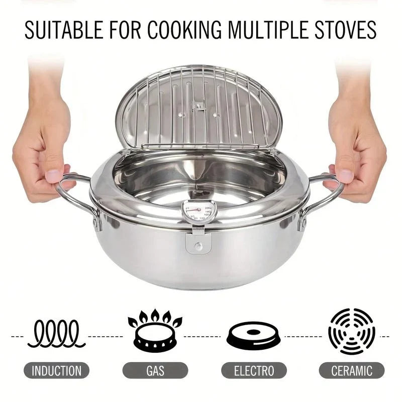 Deep Fryer Pot Stainless Steel Built-In Thermometer Fry Basket