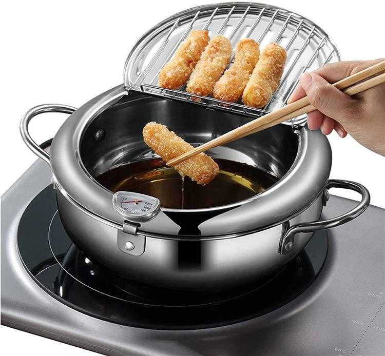 Deep Frying Pot Stainless Steel Built-In Thermometer Splash Guard