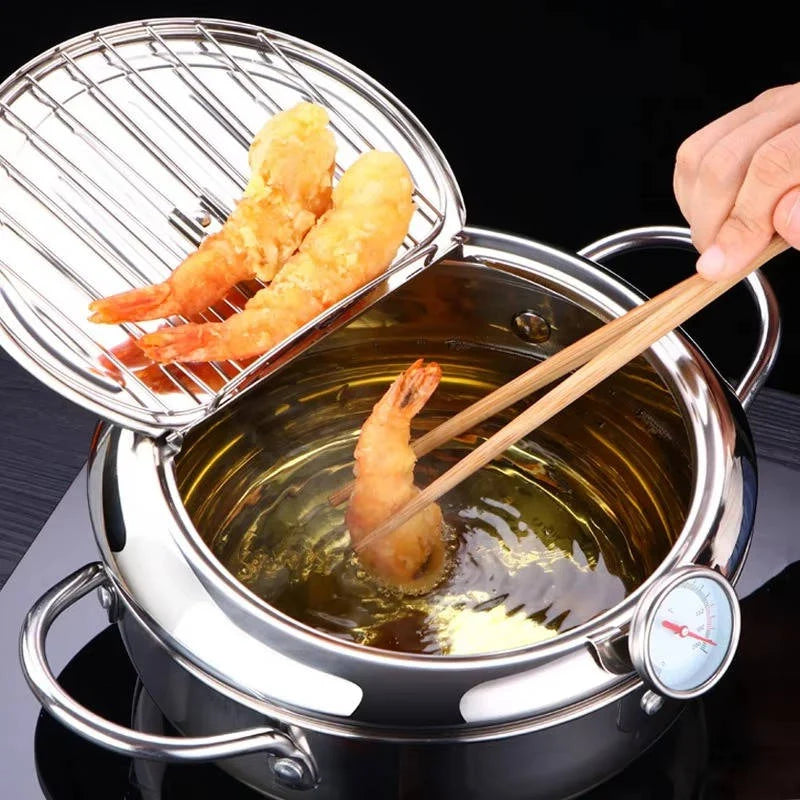 Deep Frying Pot Stainless Steel Built-In Thermometer Splash Guard
