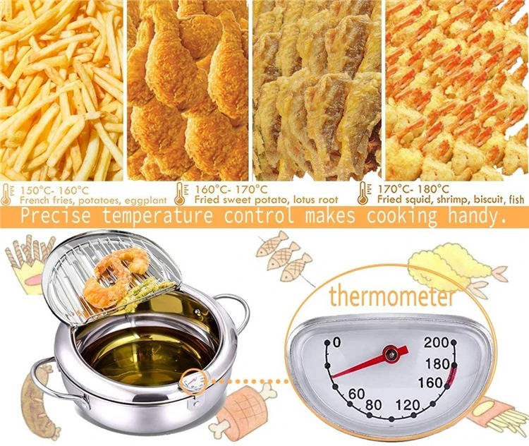 Deep Frying Pot Stainless Steel Built-In Thermometer Splash Guard