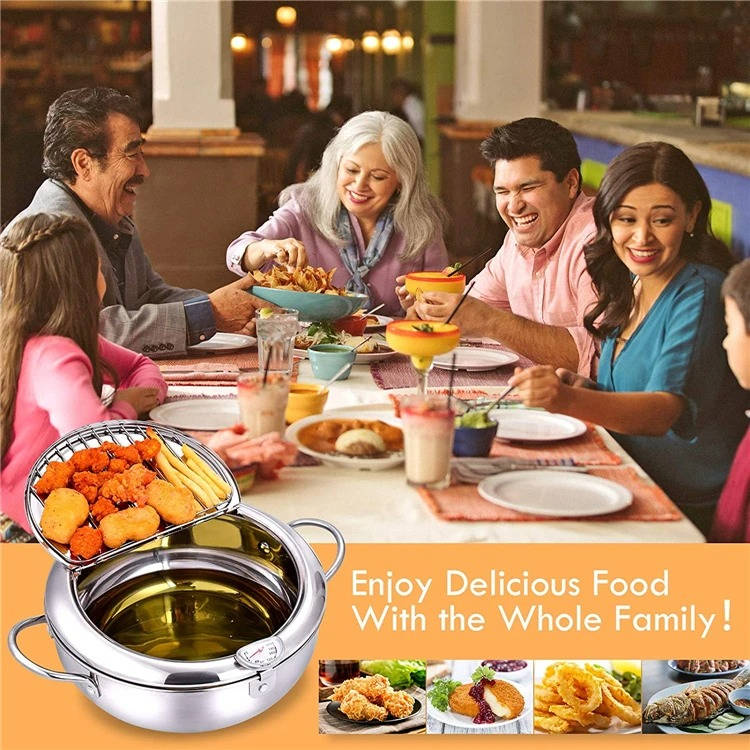 Deep Frying Pot Stainless Steel Built-In Thermometer Splash Guard