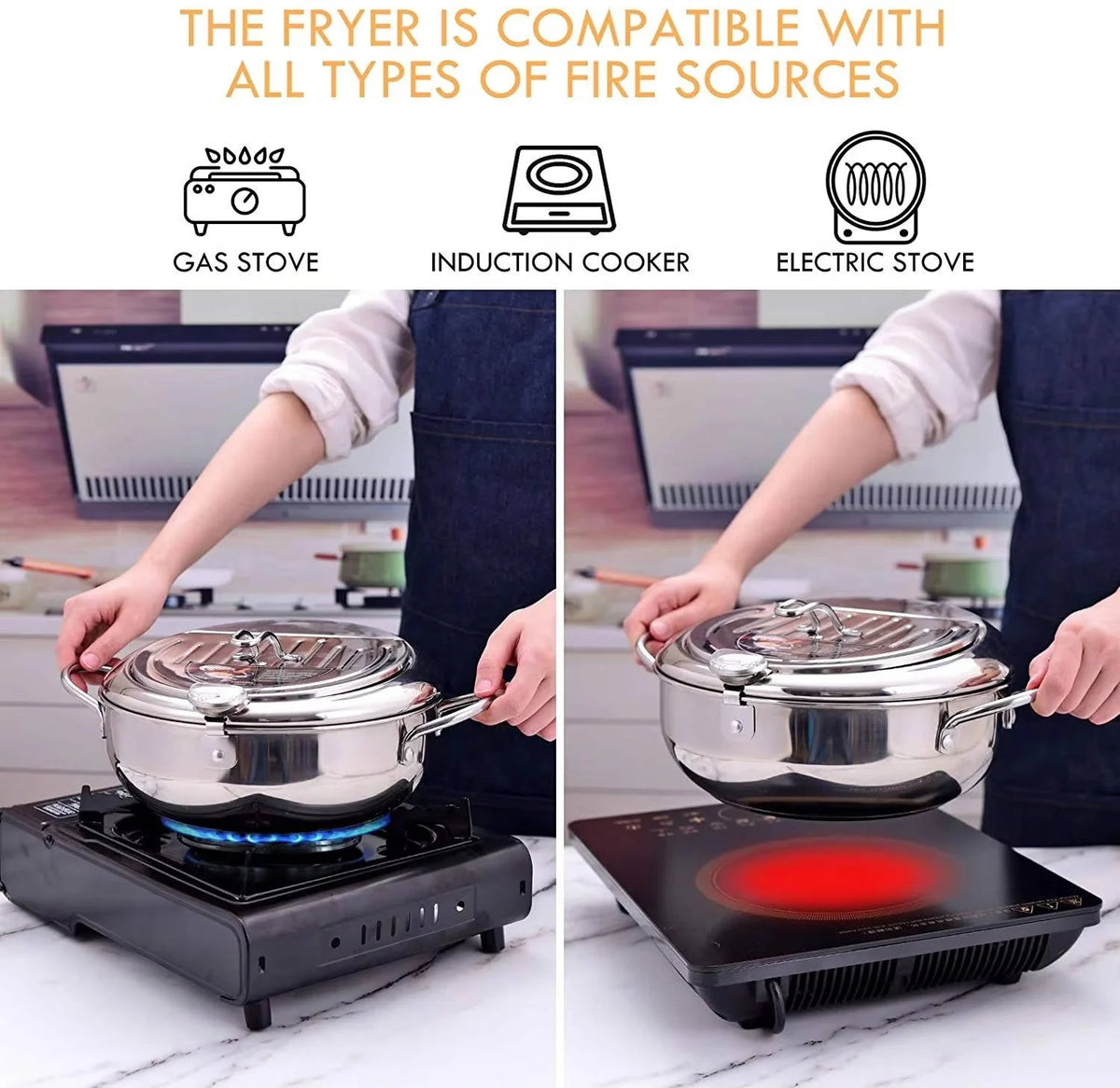 Deep Frying Pot Stainless Steel Built-In Thermometer Splash Guard