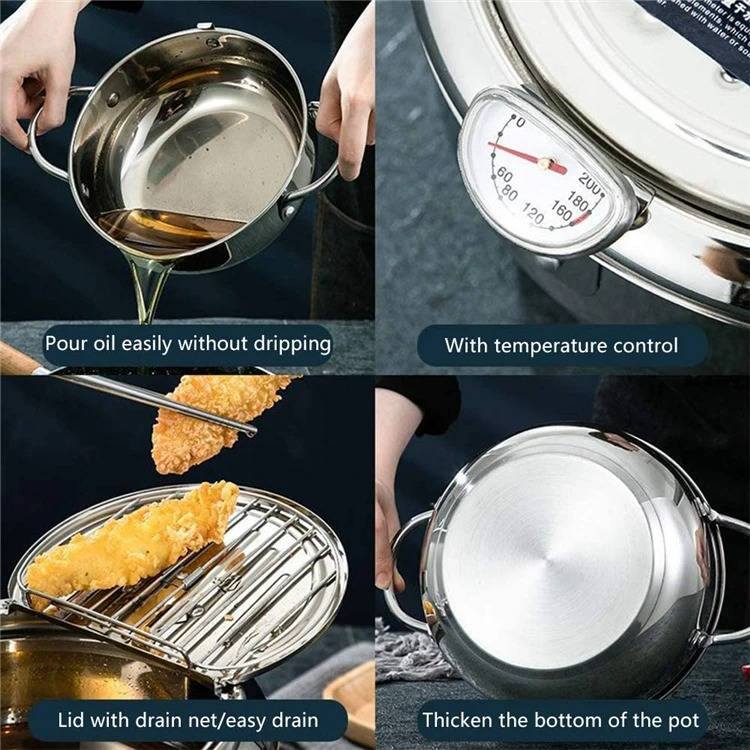 Deep Frying Pot Stainless Steel Built-In Thermometer Splash Guard