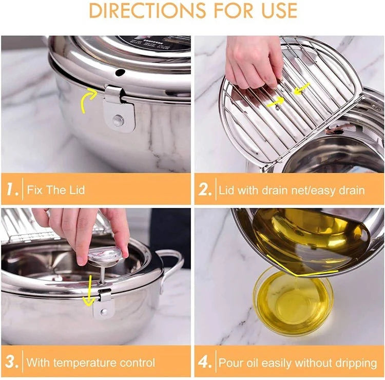Deep Frying Pot Stainless Steel Built-In Thermometer Splash Guard