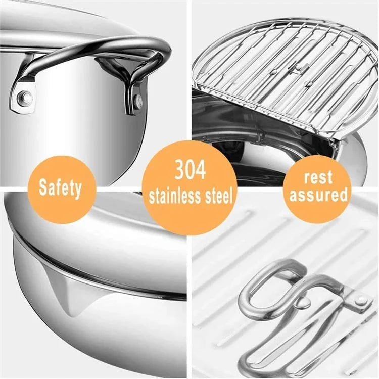 Deep Frying Pot Stainless Steel Built-In Thermometer Splash Guard