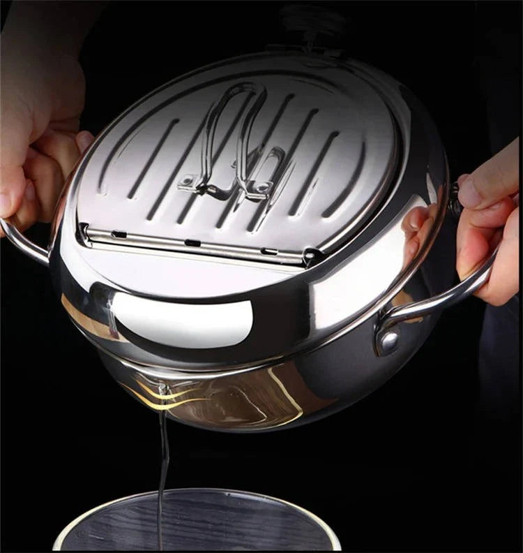 Deep Frying Pot Stainless Steel Built-In Thermometer Splash Guard