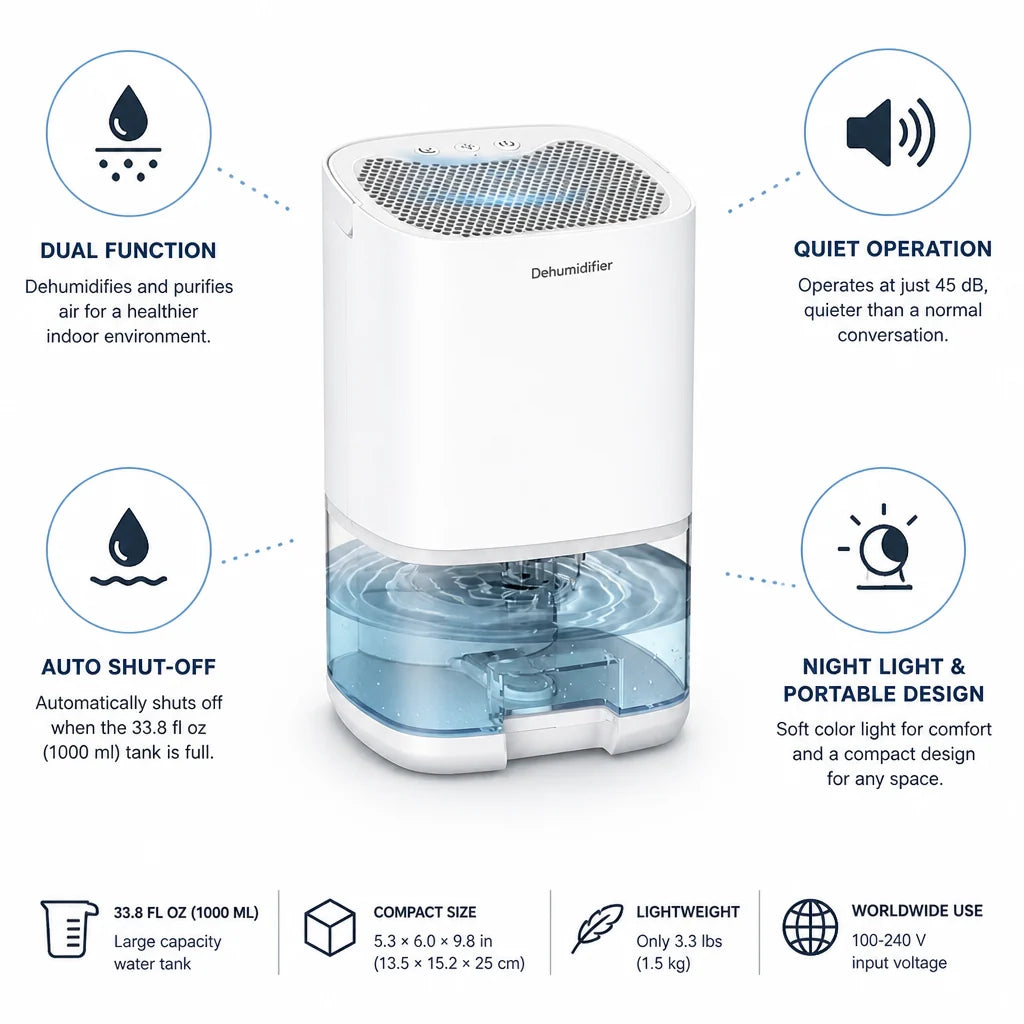 Dehumidifier & Air Purifier Quiet 45 dB Auto Shut-Off