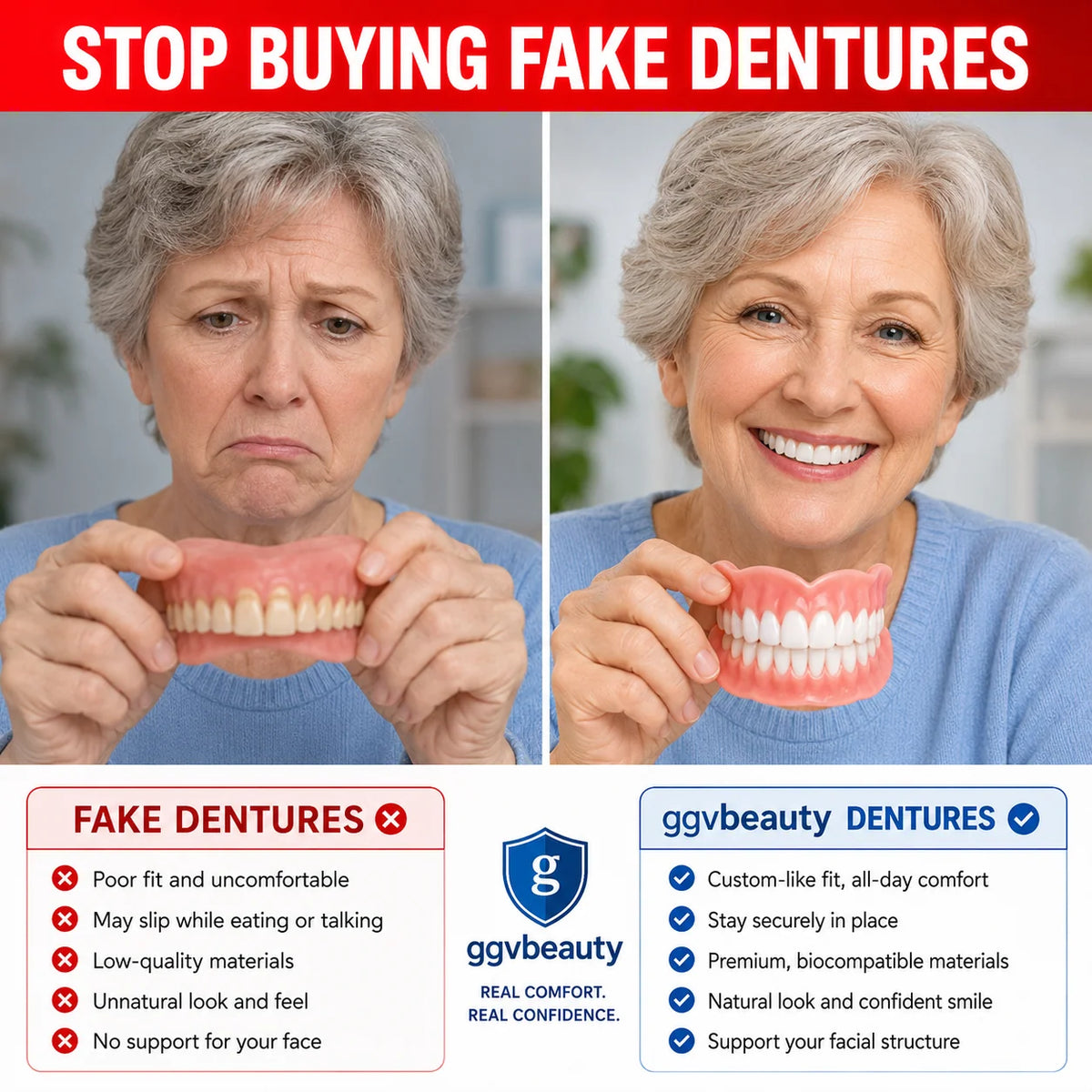 Denture Set Upper & Lower Adjustable At-Home Fit