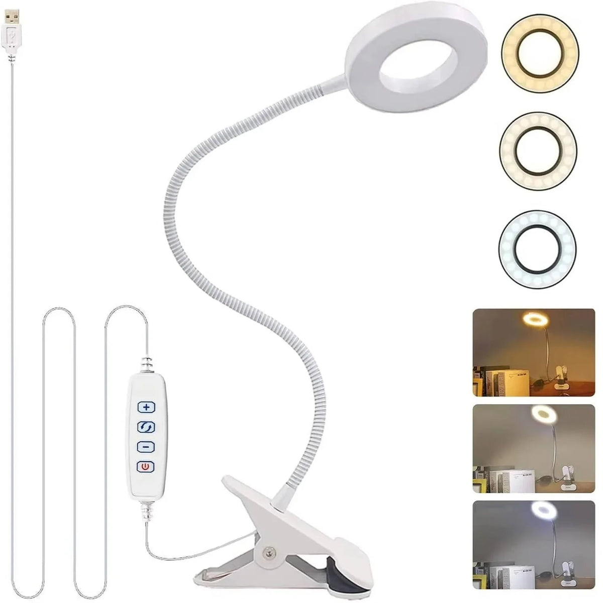 Desk Lamp Clamp-On Flexible Gooseneck 3 Color Temperatures USB-Powered