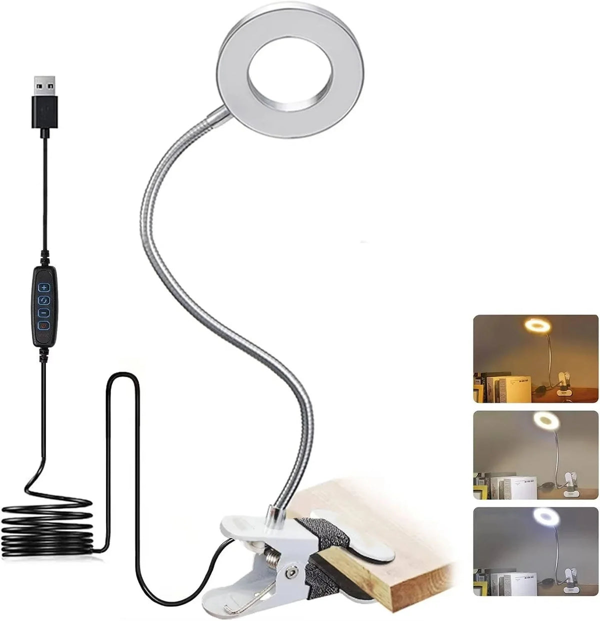 Desk Lamp Clamp-On Flexible Gooseneck 3 Color Temperatures USB-Powered