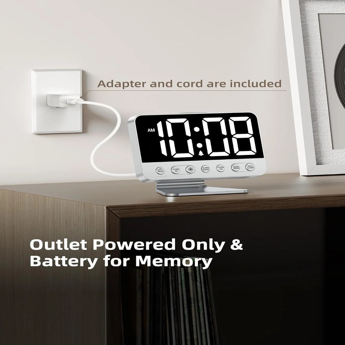 Digital Alarm Clock 2-Inch Display Battery Backup Phone Charging