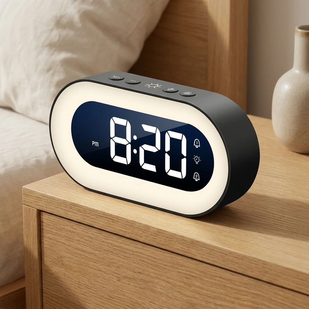 Digital Alarm Clock Dimmable Warm Night Light Rechargeable 15-Day Battery
