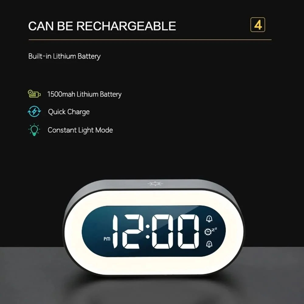 Digital Alarm Clock Dimmable Warm Night Light Rechargeable 15-Day Battery