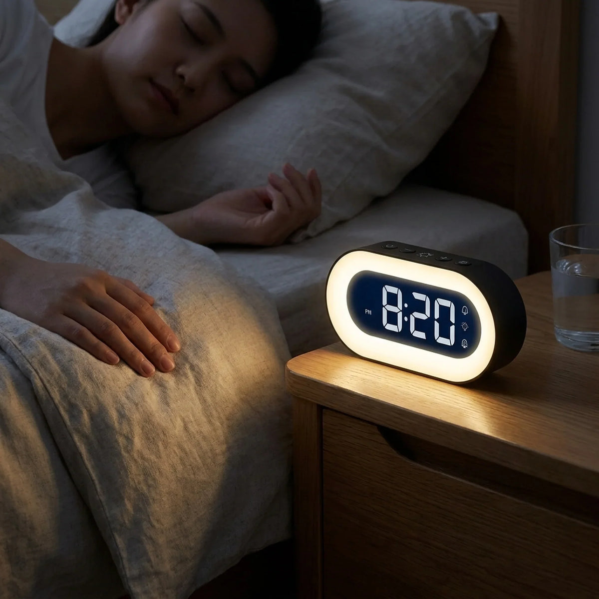 Digital Alarm Clock Dimmable Warm Night Light Rechargeable 15-Day Battery