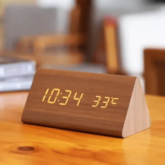 Digital Alarm Clock Wood Grain LED Time Temperature & Date Display