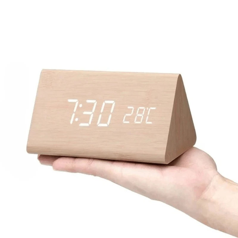 Digital Alarm Clock Wood Grain LED Time Temperature & Date Display