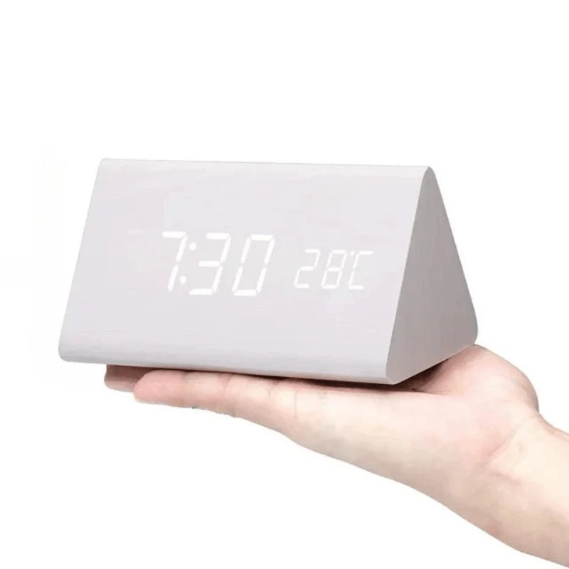 Digital Alarm Clock Wood Grain LED Time Temperature & Date Display