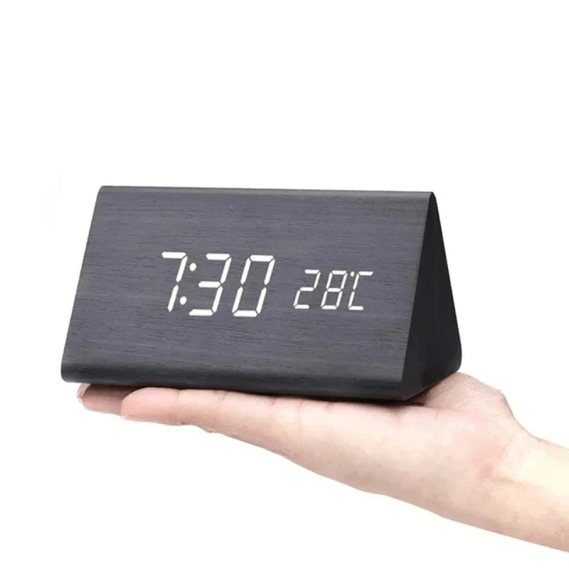 Digital Alarm Clock Wood Grain LED Time Temperature & Date Display