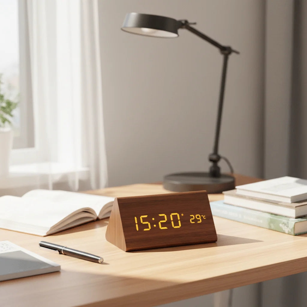 Digital Alarm Clock Wood Grain LED Time Temperature & Date Display