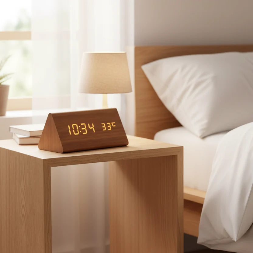 Digital Alarm Clock Wood Grain LED Time Temperature & Date Display