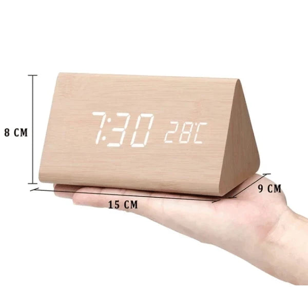Digital Alarm Clock Wood Grain LED Time Temperature & Date Display