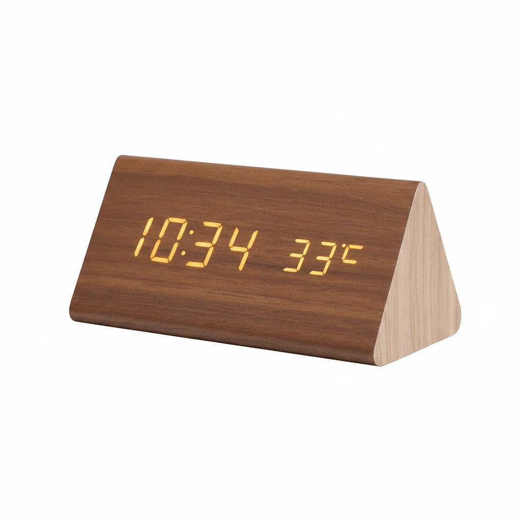 Digital Alarm Clock Wood Grain LED Time Temperature & Date Display