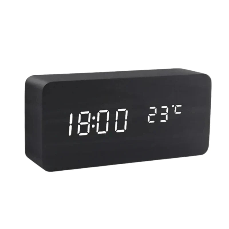 Digital Alarm Clock Wood Grain LED Time Temperature & Date Display