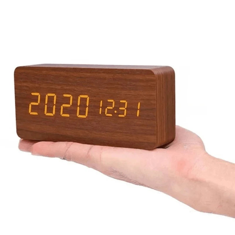 Digital Alarm Clock Wooden Voice-Activated Adjustable LED Display
