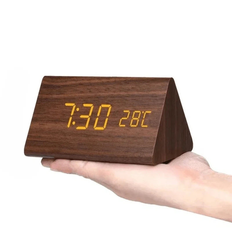 Digital Alarm Clock Wooden Voice-Activated Adjustable LED Display